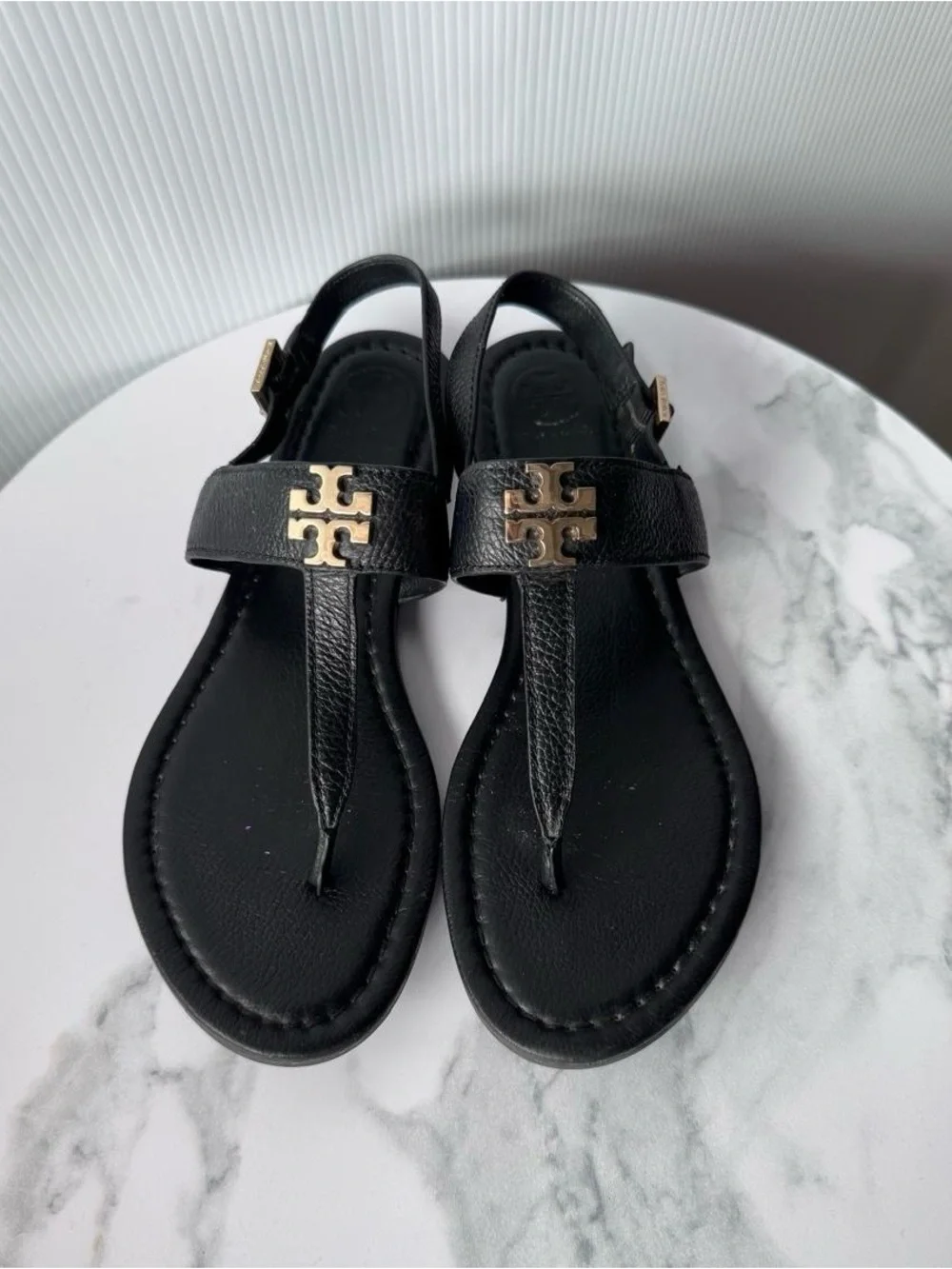 Tory Burch Black Leather Logo Thong Sandal with Gold Emblem